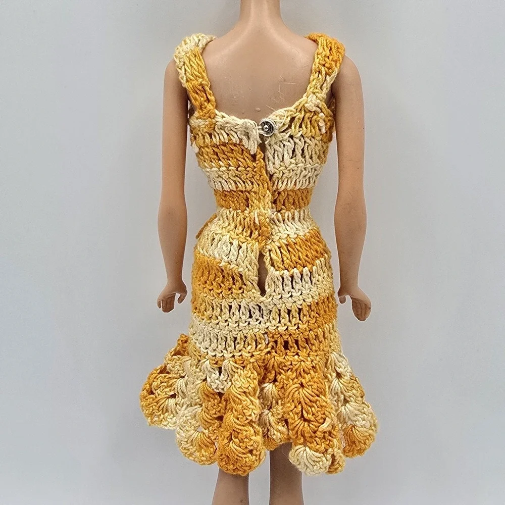 Vintage Barbie Fashion Doll Mommy Made Handmade Crochet Yellow White Dress